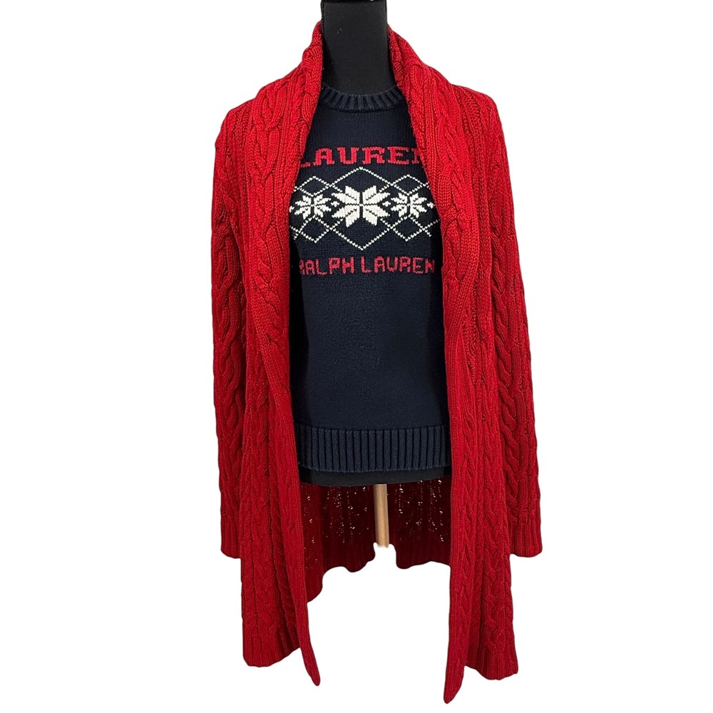 Lauren Ralph Lauren Women Cardigan Red Cable Knit Silk Cashmere Y2K 90s Large‎ - Picture 2 of 8